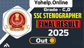 SSC Stenographer Final Result 2025 की घोषणा का एक डिजिटल बैनर, जिसमें कर्मचारी चयन आयोग (SSC) का लोगो और आधिकारिक वेबसाइट ssc.gov.in का उल्लेख है। बैनर में ग्रेड C और D के लिए चयनित उम्मीदवारों की संख्या (215 और 1908) और रिजल्ट चेक करने के निर्देश दिए गए हैं।